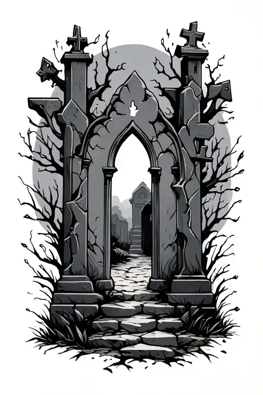 Walking through graveyard broken tombstones tattoo design idea