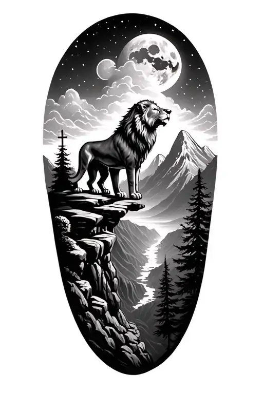 I want a Christian themed tattoo with a lion on top of a ledge surrounded by mountains overlooking a valley with a moon, tattoo design idea