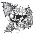 skull head with bat wings and line art around it  tattoo design idea