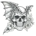 skull head with bat wings and line art around it  tattoo design idea