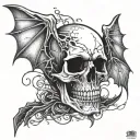 skull head with bat wings and line art around it  tattoo design idea
