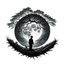 Willow tree with lost boy below and large moon in sky tattoo design idea
