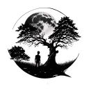 Willow tree with lost boy below and large moon in sky tattoo design idea
