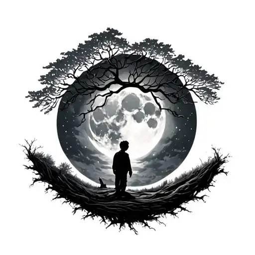 Willow tree with lost boy below and large moon in sky tattoo design idea