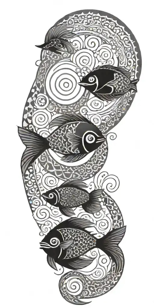 mendala incorporating a large spiral with diamonds and two fish at the top tattoo design idea