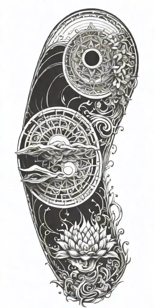 Blend Buddhist mandala, fine-line wood grain, anime elements, and subtle gaming symbols into a cohesive flowing water tattoo design idea