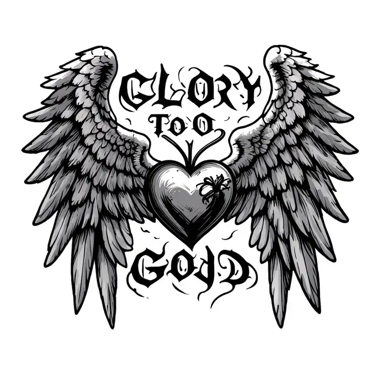 "Glory To God " "Glory To God in gothic lettering " sacred heart in the middle of angel wings tattoo design idea