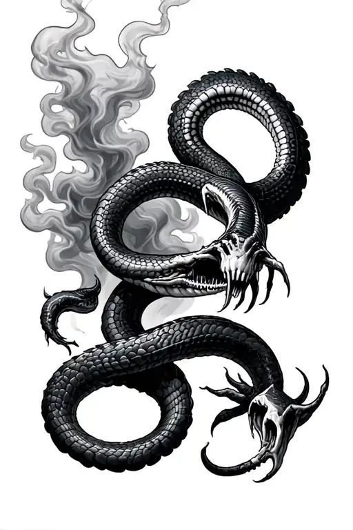 Full sleeve tattoo of a zombie snake surrounded by smoke coiled around an arm from the shoulder to the hand.  tattoo design idea