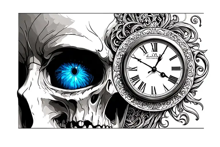 clock work with blue eyes and skull tattoo design idea