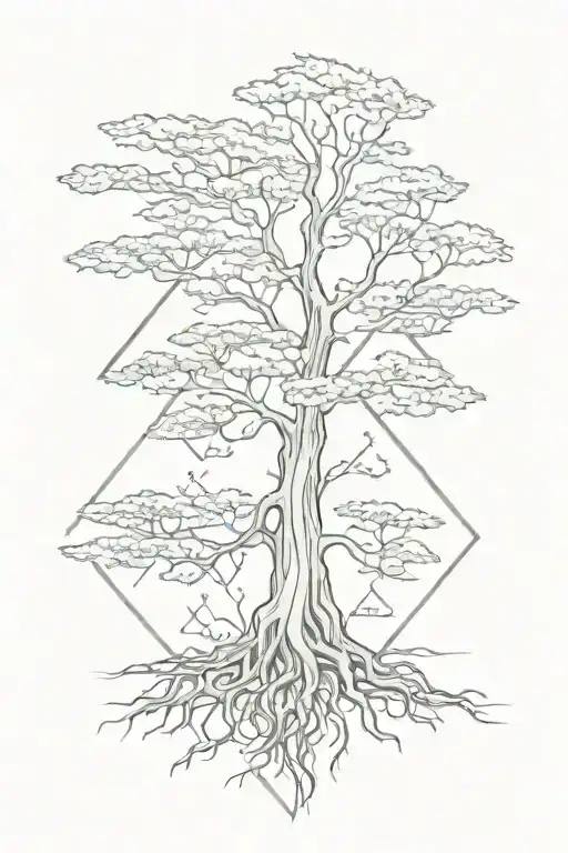 Bald cypress with roots inside diamond shaped line outlining tattoo design idea
