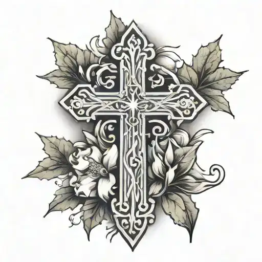 fine line cross with holly and narcissus with god is greater than the highs and lows tattoo design idea