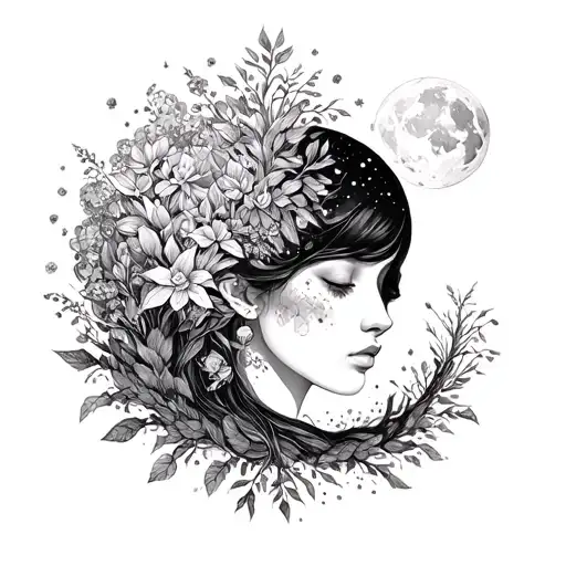 A surrealistic representation of the client's personal growth journey intertwined with elements of nature and celestial bodies tattoo design idea