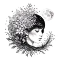 A surrealistic representation of the client's personal growth journey intertwined with elements of nature and celestial bodies tattoo design idea