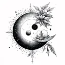 A surrealistic representation of the client's personal growth journey intertwined with elements of nature and celestial bodies tattoo design idea