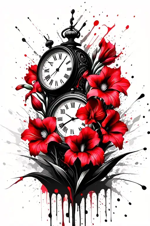 gladiolus flowers and clock tattoo design idea