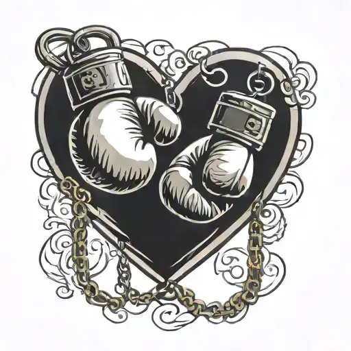 boxing gloves hanging from a heart shaped lock tattoo design idea