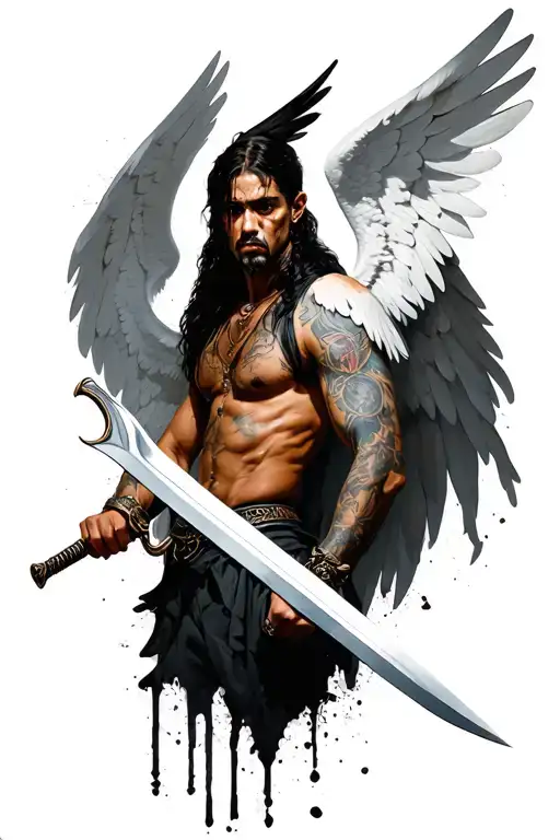 gangster fallen angel holding a sword tattoo design idea