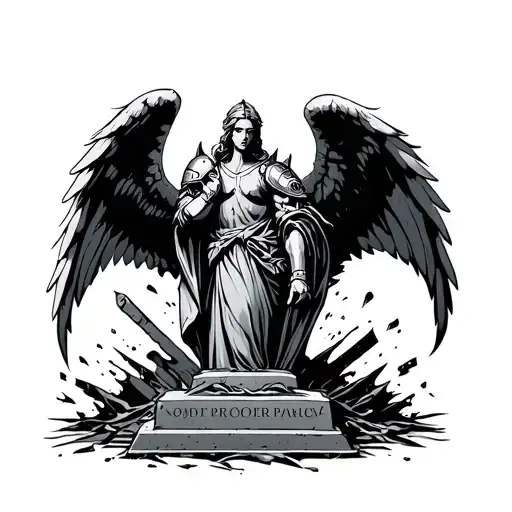 An angel with armor that breaks a tombstone tattoo design idea