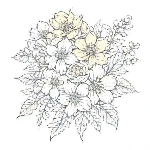 birth flower bouquet fine linewith in this order of flowers august,  January and November  tattoo design idea