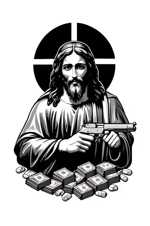 A religious figure (such as Jesus or a saint) holding a gun and surrounded by stacks of money and drugs tattoo design idea