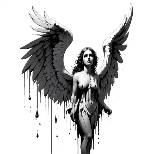 angel crying blood tears flowing from its eyes wings spread tattoo design idea