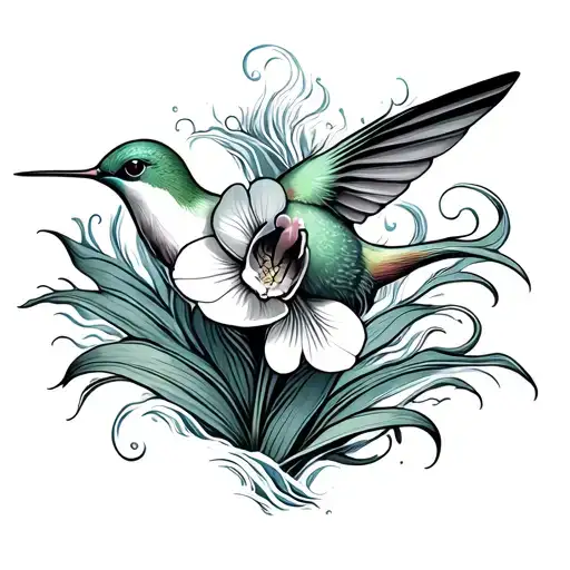 i was thinking maybe outline of guam, island orchid, hummingbird with waves, no tribal design, can you generate an image tattoo design idea