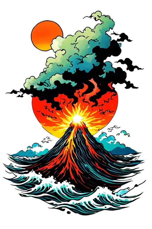 volcano, sun, sea waves tattoo design idea