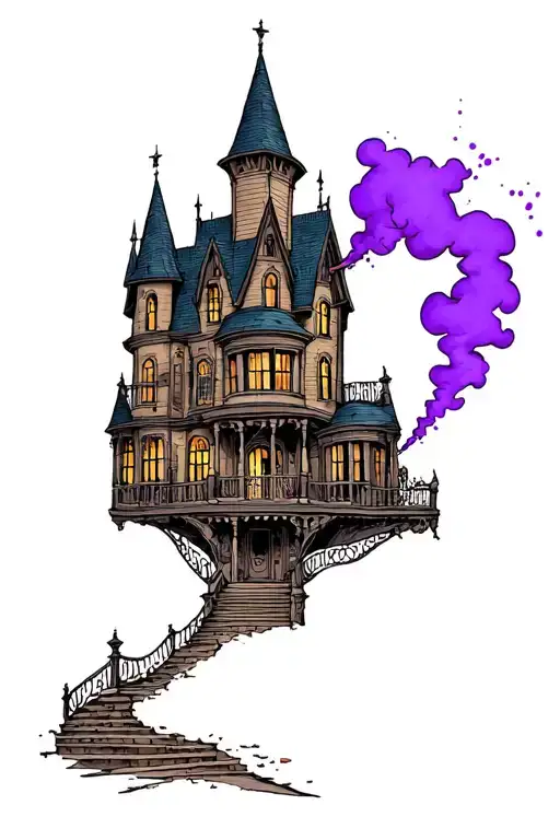 Disney haunted mansion movie house and purple smoke tattoo design idea