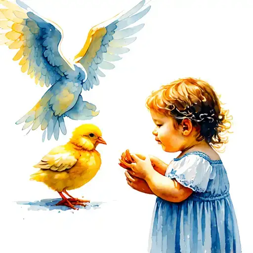 A child with a yellow chick, in front of an angel tattoo design idea