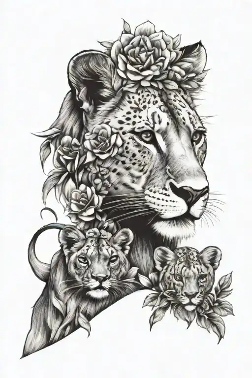 lioness with cubs and flowers tattoo design idea