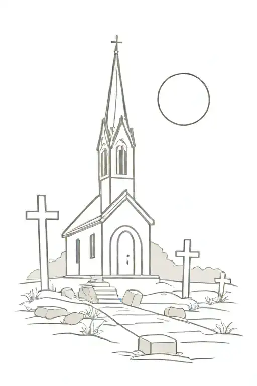 graveyard with church and headstone simple line drawing tattoo design idea