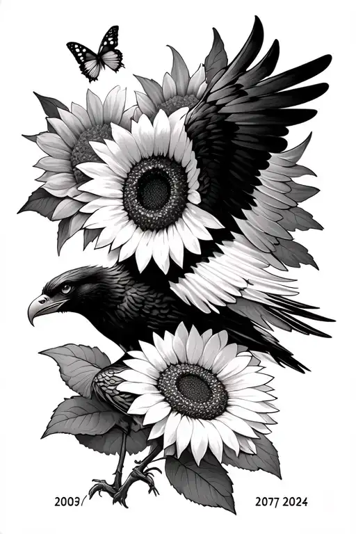 A sunflower, butterfly, small eagle bird with wings spread, 2003, 2017, 2021, 2024 tattoo design idea