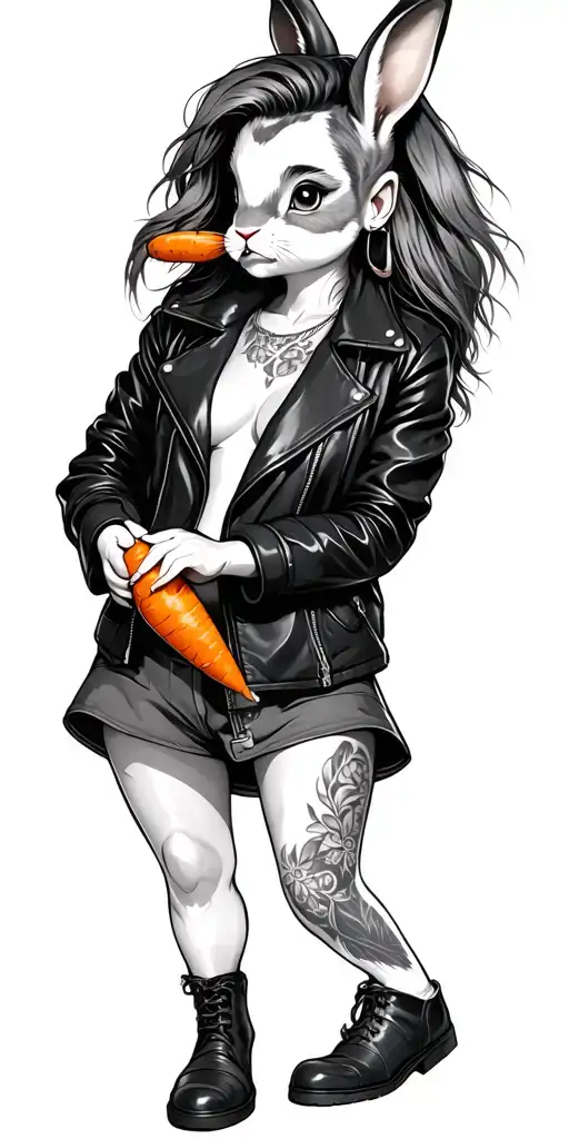 female bunny eating a carrot wearing leather jacket tattoo design idea