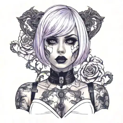 Sexy Petite Girl white short bob hairstyle, revealing clothes, big boobs, waist up portrait, purple eyes. gothic tattoo design idea