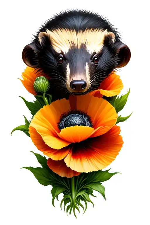 honey badger and poppy flower tattoo design idea