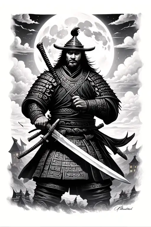 Samurai warrior holding sword in front of face. Burning village in background. Moon high in the sky, slightly cloudy tattoo design idea