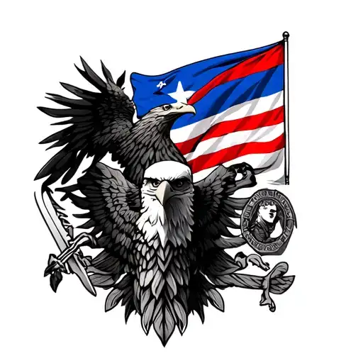 mars roman god of war with a dominican republic flag, an american flag, american bald eagle, a taino cacique symbol, and tattoo design idea