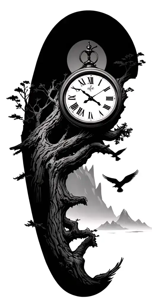 moutains tree clock birds flying tattoo design idea