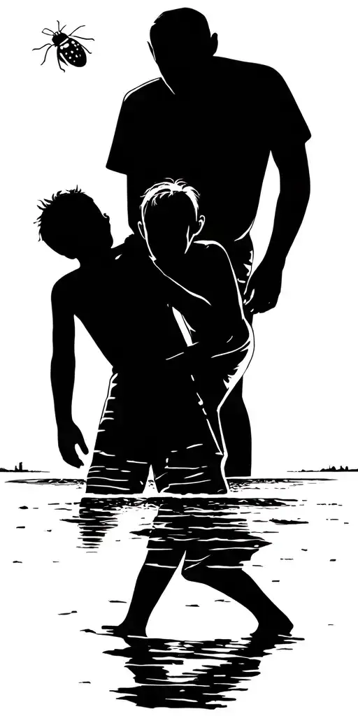 A silhouette of a father and son playing on the beach at sunset, with a ladybug flying overhead tattoo design idea