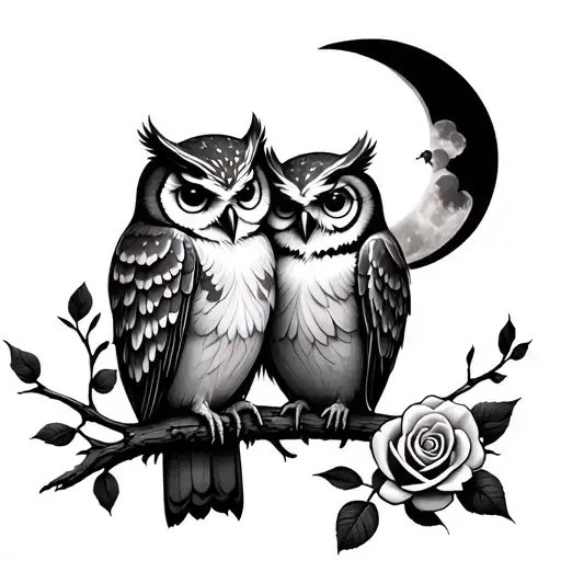 two owls in love to the moon with a rose tattoo design idea
