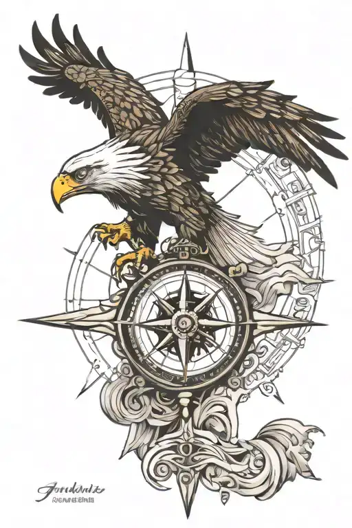 eagle with compass fineline map world tattoo design idea