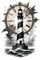 lighthouse in a storm with a broken clock above and nautical map backround tattoo design idea