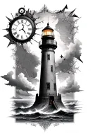 lighthouse in a storm with a broken clock above and nautical map backround tattoo design idea