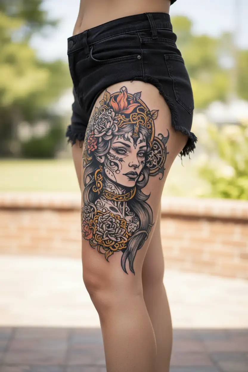 Freya goddess and neckle and Divine feminine  tattoo design idea