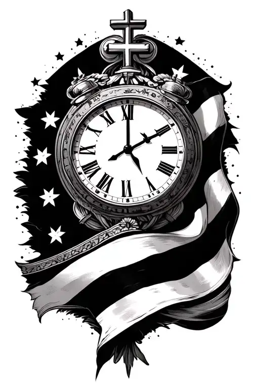 amriacn flag with cross with clock face and egal tattoo design idea