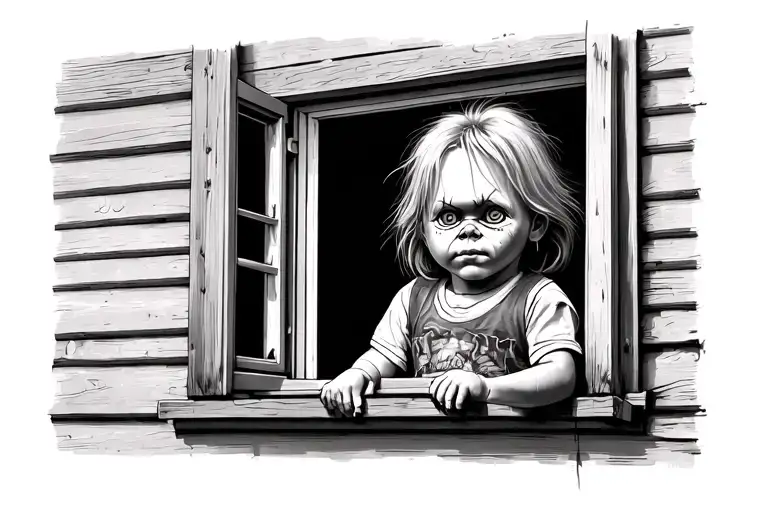 chucky looking out the window Nostalgic vibe Outside tattoo design idea