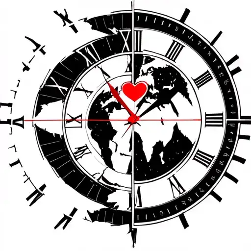 half broken clock face  half radar   with a ping on each side of the world   a jagged heart in the middle radar Love e tattoo design idea