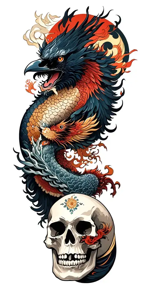 Chinese dragon and phoenix and skull and moon and raven tattoo design idea