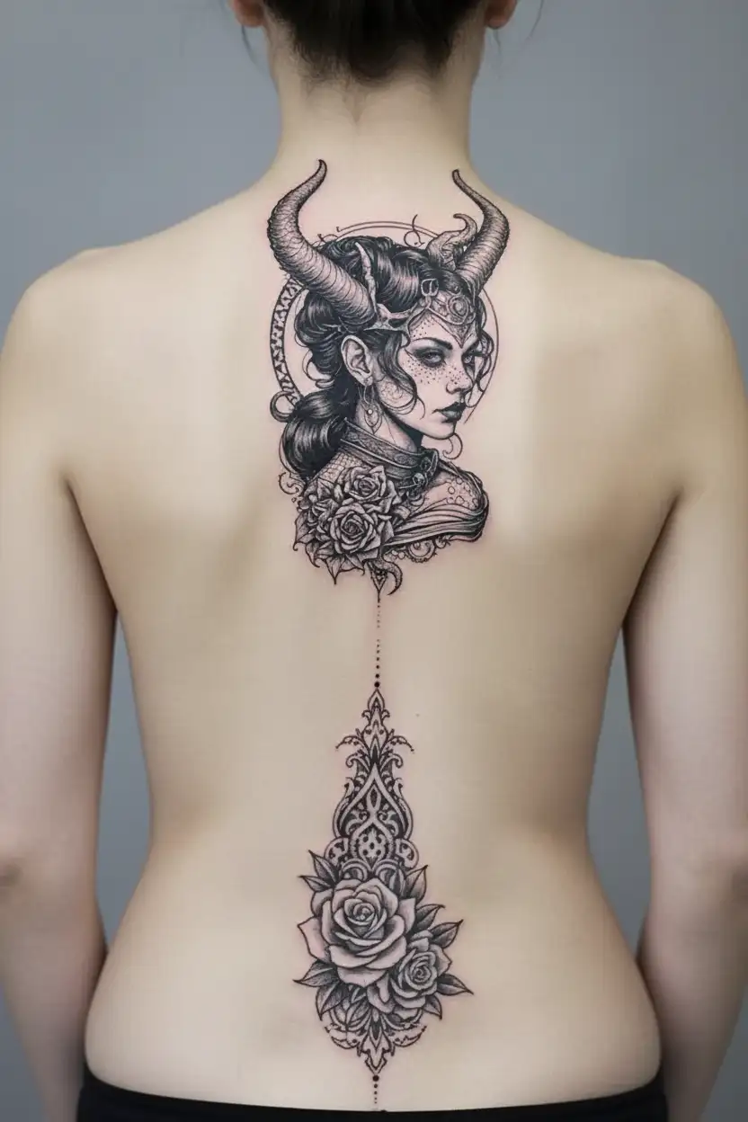 goth girl with horns wrapped tattoo design idea