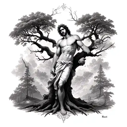 St Sebastian on tree tattoo design idea